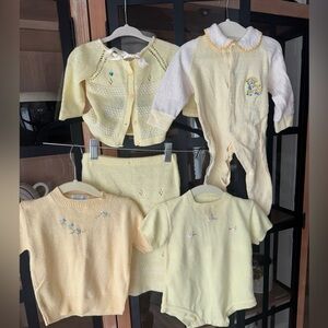 Vintage lot baby newborn knit crochet embroidered butter footies gown chick lamb